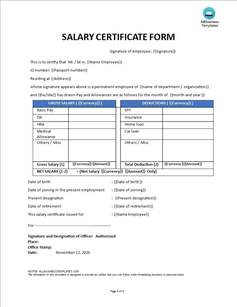 salary certificate format for bank loan